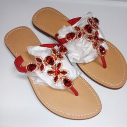 Red And White With Gold Jewel Flip Flop Sandal Women's Size 10 
