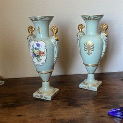 Vintage ST REGIS Pale Green Porecelain Vase 13.5" Hand Painted Flower Gold Busts