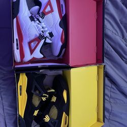 Red cement Jordan 4s and Black and yellow thunder 4s 
