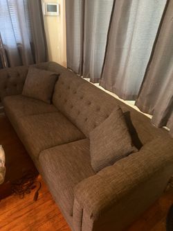 Brown Tufted Fabric Sofa with Nailhead Trim