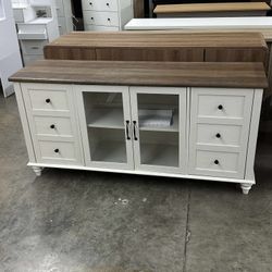 Farmhouse TV Stand with Yellow LED Light for Console Table Storage Cabinet 58'