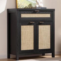 SICOTAS Sideboard Buffet Storage Cabinet, Rattan Accent Cabinet with Doors and Drawer, Modern Creden