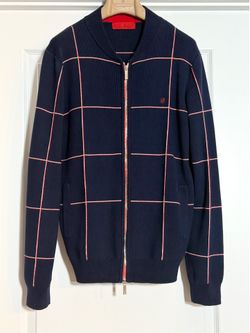 Carolina Herrera Men's Full-Zip Wool Breathable Cardigan Navy/Red Color Embroidered Logo Size M