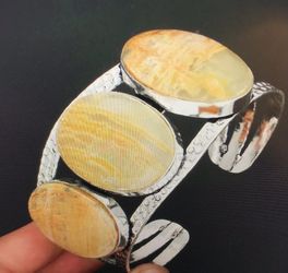 Yellow Lace Agate Stamped 925 Sterling Silver Cuff Bracelet 