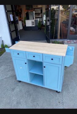 $180.00!! New Wooden Farmhouse Kitchen Island w/ Drop Leaf Countertop & Wheels Portable Rolling Island