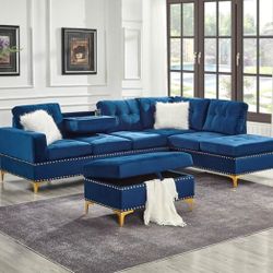 NEW JOY VELVET SECTIONAL WITH OTTOMAN AND FREE DELIVERY- BEDROOM FURNITURE BED MATTRESS AND MORE 