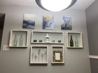 5pc White Distressed Wall Shadow Boxes. Solid Wood.