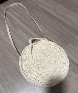 Cream Round Woven Straw-Look Crossbody Beach Bag