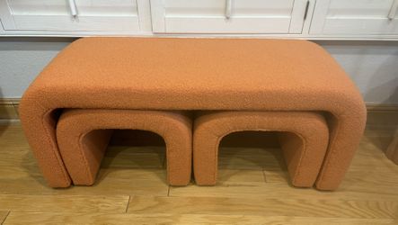 New Orange Boucle Bench And Ottoman Set