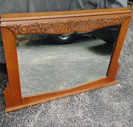 Antique Vintage Art Deco Carved Mirror Oak 1930s Dresser Buffet Vanity Desk Cabinet Sideboard 005
