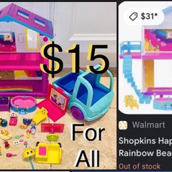 $15 Shopkins Happy Rainbow Beach House Plus a lot accesories,Doll & Car all like New