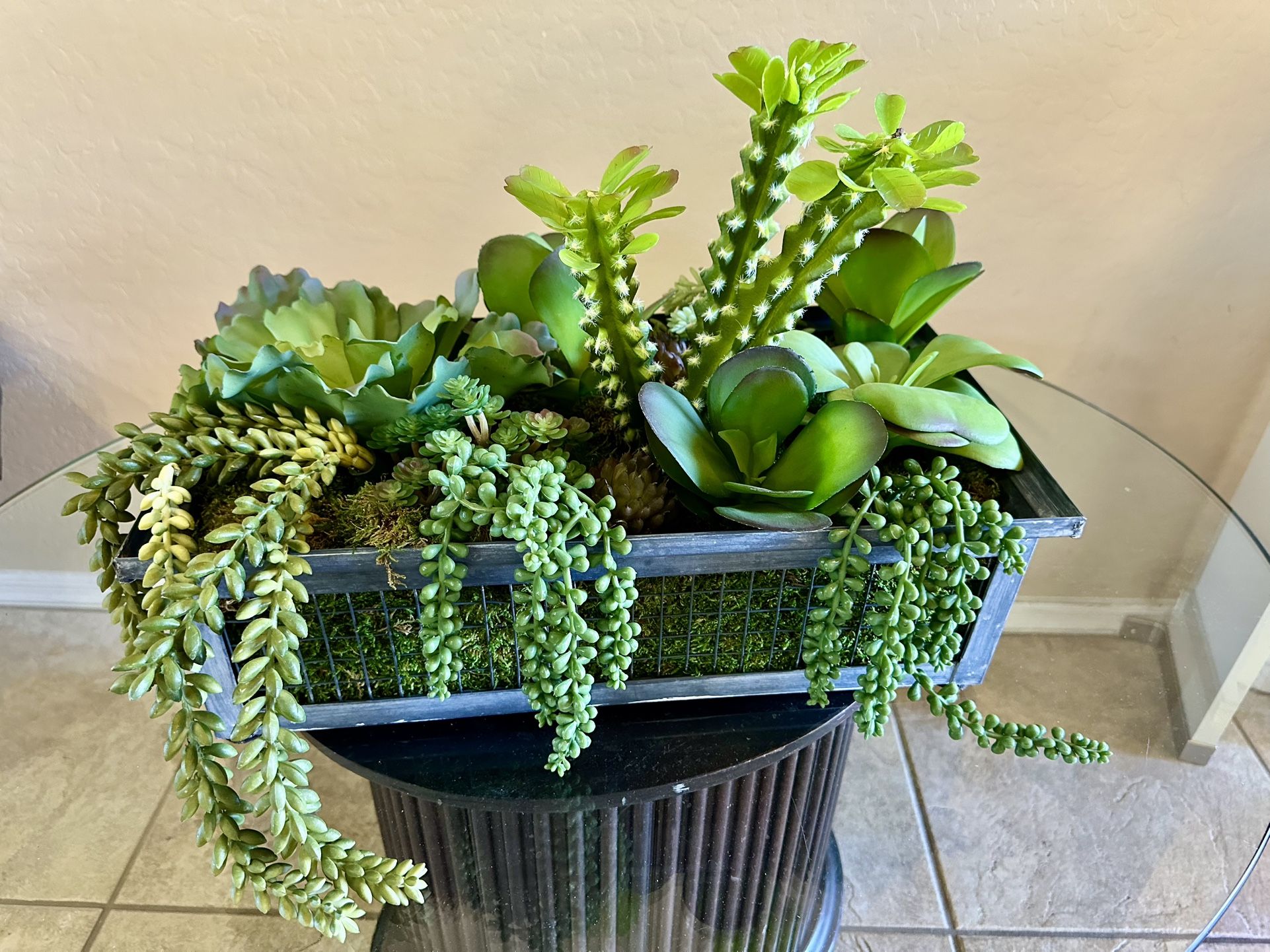 Modern Artificial Succulent Arrangement in Rustic Metal Planter – 18" Decor Piece