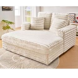 🔥🔥🔥53 Inch Chaise Lounge Indoor, Upholstered Sofa Bed with Throw Pillows and Armrests, Sleeper Chair- Plush Chair Bed for Living Room, Off-White