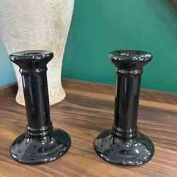 Two Black Ceramic Pier 1 Imports Tapered Candlestick Holders 