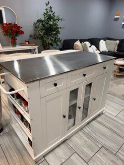 White Kitchen Island with Stainless Steel Top