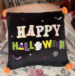 Happy Halloween Black Decorative Pillow with Pom Poms NWT