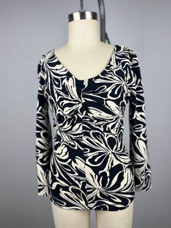 BCBGMAXAZRIA Y2K Floral Print Ruched Top Long Sleeve Womens XS Black Cream