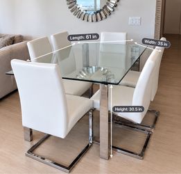 Glass Top Dining Table with 6 White Chairs