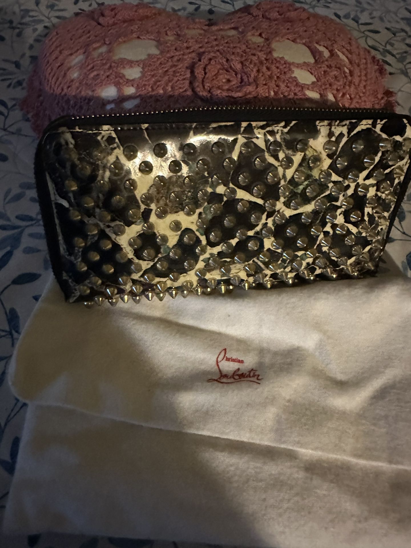 Christian Louboutin Panettone Leopard Print Spike Patent Zip Compact Wallet