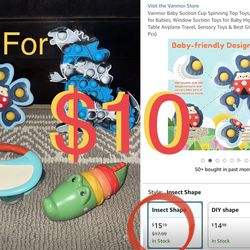$10 Bundle of Baby Toys Fisher price Alligator clicker,Window Suction Spinner,Tambourine,Fidget toy