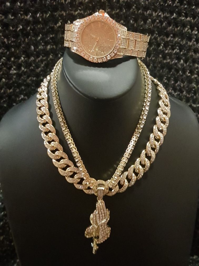 14K GOLD PLATED ICED OUT WATCH CHAINS COMBO