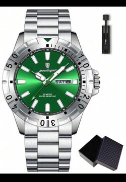 POEDAGAR Men’s Green Stainless Steel Watch – Luxury Sport Waterproof Watch