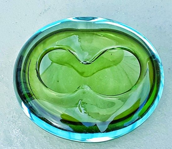 MURANO mid Century Modern Green Blue Art Glass Ashtray MCM