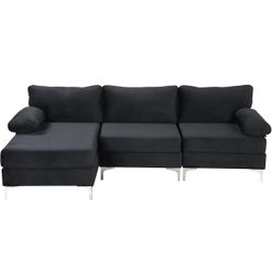 Modern Velvet L-Shape Sectional Sofa, Black