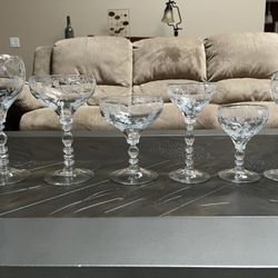 Antique Etched Glasses And Desert Plates