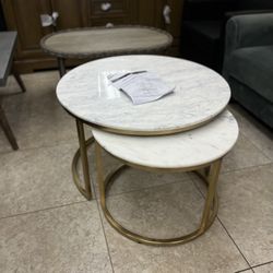 New Home Decorators Collection Cheval 2-Piece 31 in. Gold/Marble Medium Round Marble Coffee Table Set