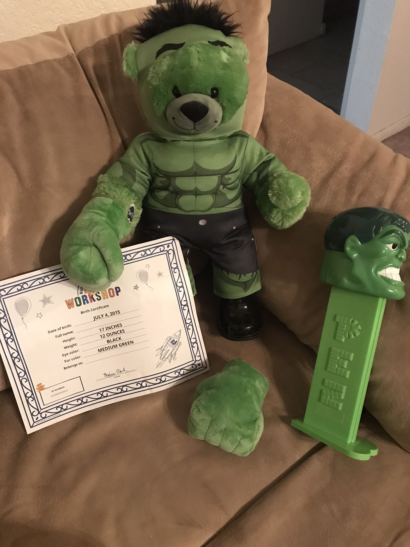 Hulk build a Bear in outfit and oversized Pez