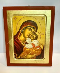 Greek Orthodox Virgin Mary & Child Byzantine Icon Patmos Monastery Gold 10”