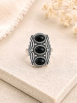 Triple Natural Black Onyx Sterling Silver Ring Sz 9.25