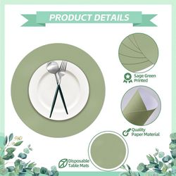 100 Pieces Sage Green Paper Place Mats Sage Round Disposable Table Mats Green Paper Doilies Decorative Placemats for Wedding Banquet Party Home Dining