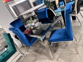 Glass Top Dining Table with 4 Blue Velvet Chairs ‼️ Last One only $1,399‼️