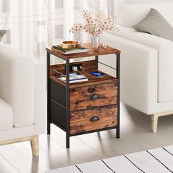 End Table with Charging Station with 2 Fabric Drawers, USB Ports & Outlets, Storage Shelf & Hooks