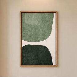 24” x 36” Green Abstract Wall Art Print in Brown Faux Wood Floating Frame