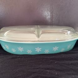 Vintage Pyrex Snowflake Casserole Split  Dish