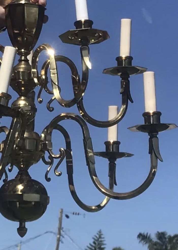 7 New Electric Solid Brass Double Arm Sconces and Matching Double Tier Brass Chandelier