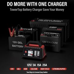 TowerTop 25A Max Pro Battery Charger: 12V Fully Automatic Smart Trickle Charger, Automotive Battery Maintainer with Engine Start, DC Supply, Winter Mo