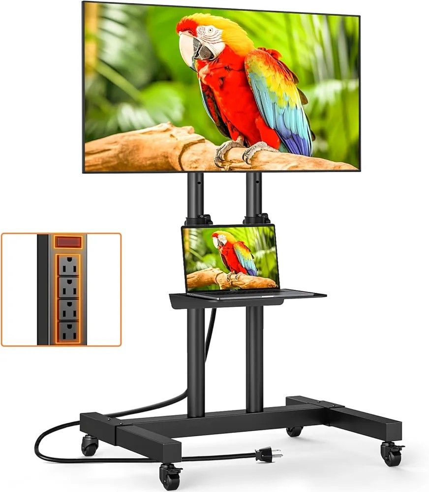 Rolling TV Stand with Power Outlet for 32-85 Inch TVs up to 110lbs, Portable TV Stand with Shelf, Mobile TV Cart for Living Room, Office, Meeting Room