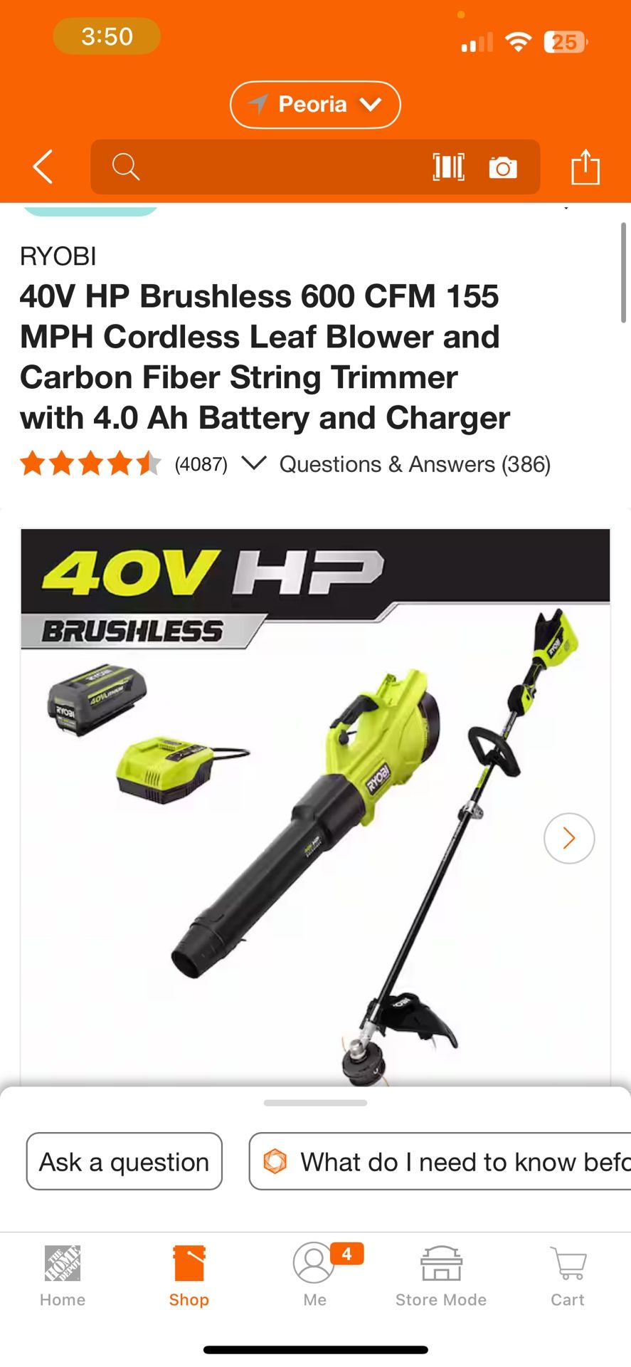 RYOBI 40V HP Brushless 600 CFM 155 MPH Cordless Leaf Blower and Carbon Fiber String Trimmer with 4.0 Ah Battery and Charger