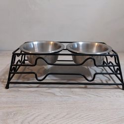 Small Dog Cat Pet Food Water Bowl Stand Raised Black Metal Holder Dish 