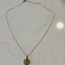 Saint Benedict Gold Plated Pendant, St Benedict Necklace, Gold Medallion Coin Necklace, Saint Benedict Pendant Necklace