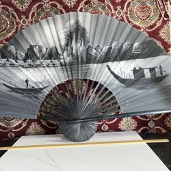 Large Hand Painted Water Color Asian Fan 