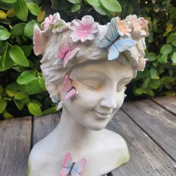 Colorful Butterfly Flower Lady Head Planter Garden Decor