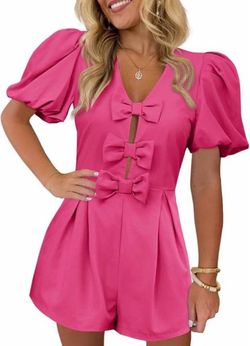 Women's Pink Puff Sleeve Bow Romper Size XL