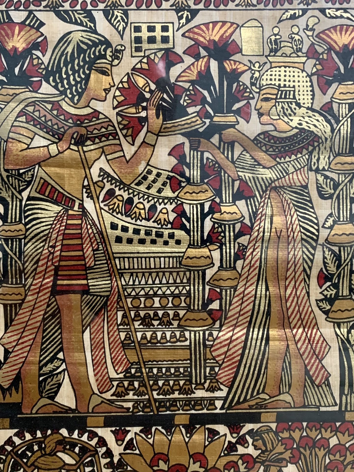 Framed Egyptian Papyrus Painting - King Tut And His Wife (Handmade 1989)