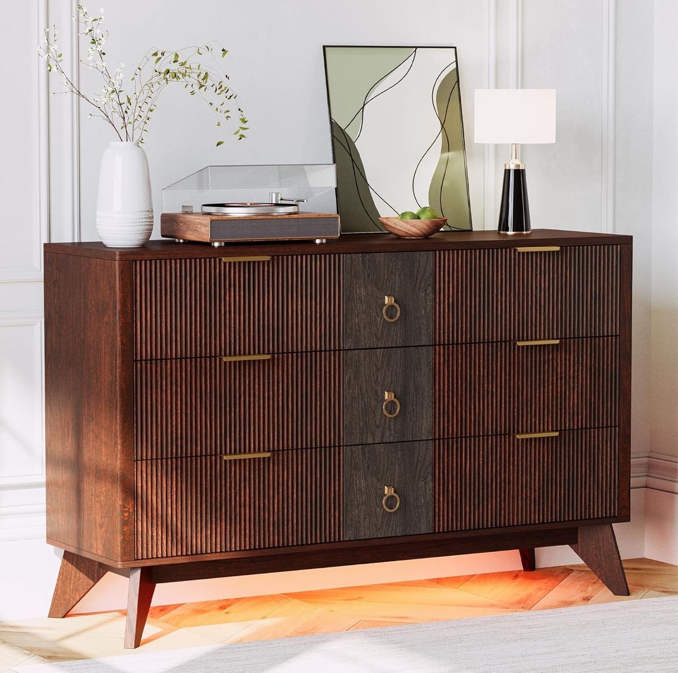 55” Walnut/Brown LED Dresser • Modern 9-Drawer Storage