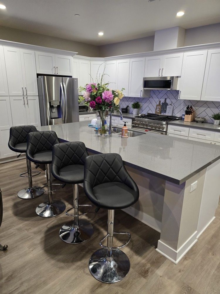 Qty 4 Black Vinyl Diamond Pattern Back/Bucket Seat Adjustable Barstool, Island, High Top Table Chairs